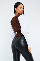 Brown Contrast Sleeves Knitted Top - Mckaela