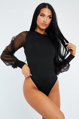 Black Organza Sleeves Bodysuit - Ashni