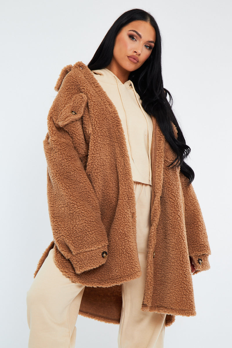 Camel Pocket Front Teddy Shacket - Ozie
