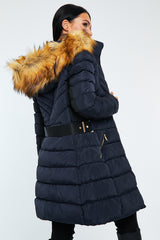 Navy Blue Fur Hood Contrast Panel Puffer Coat - Chelsie