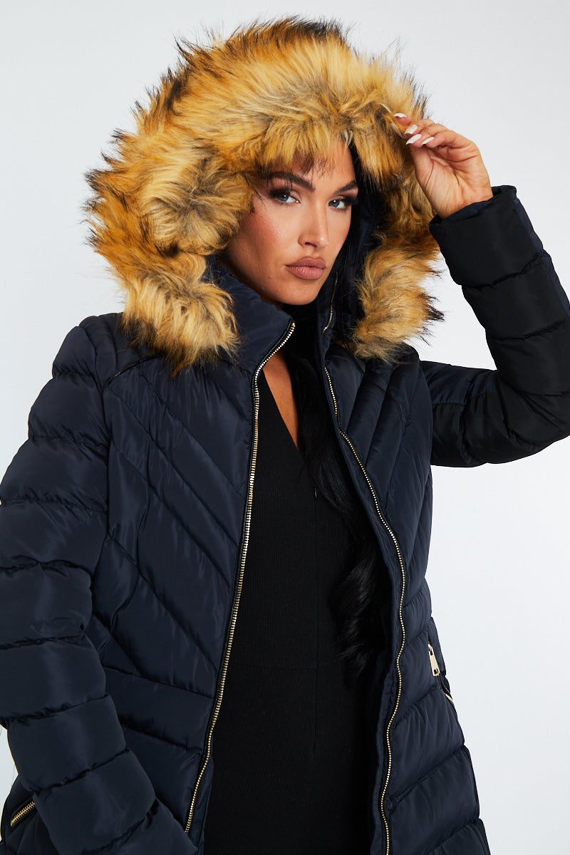 Navy Blue Fur Hood Contrast Panel Puffer Coat Coats Rebellious Fashion Navy Blue Fur Hood Contrast Panel Puffer Coat Coats Rebellious Fashion