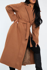Camel Longline Belted Tailored Coat - Syma