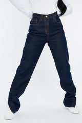 Indigo Denim Straight Leg Side Split Jeans - Tashi