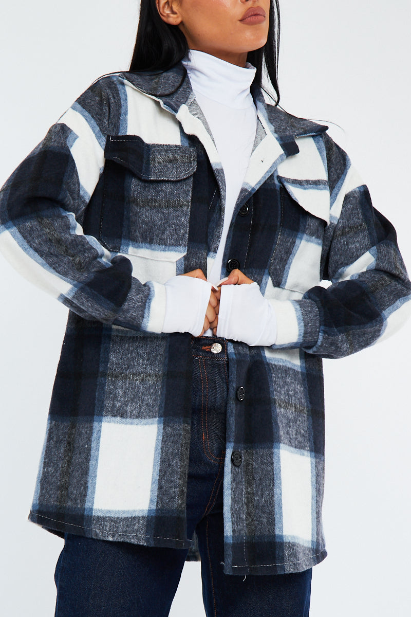 Navy Check Pocket Front Shacket - Nura