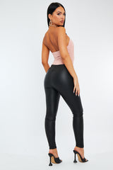 Black PU Leather Faux Button Front Leggings - Ambra