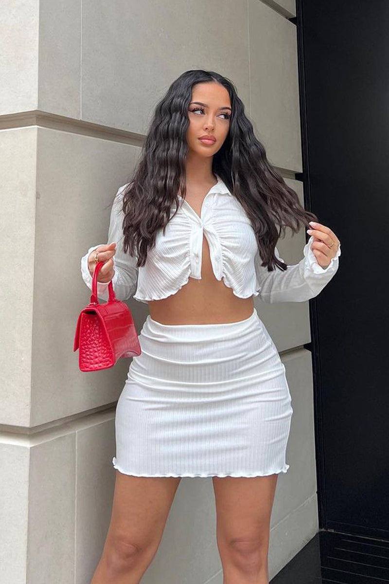 White Rib Button Up Crop Top & Mini Skirt Set - Neha