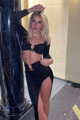 Black Metal Trim Crop Top & Side Slit Midi Skirt Set - Nysa