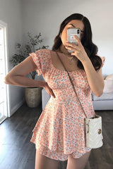 Orange Floral Print Frill Playsuit - Palmira