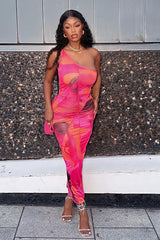 Multi Abstract Print One Shoulder Midi Dress - Pearl