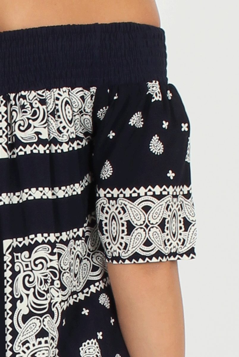 Blue Paisley Print Bardot Dress - Penny