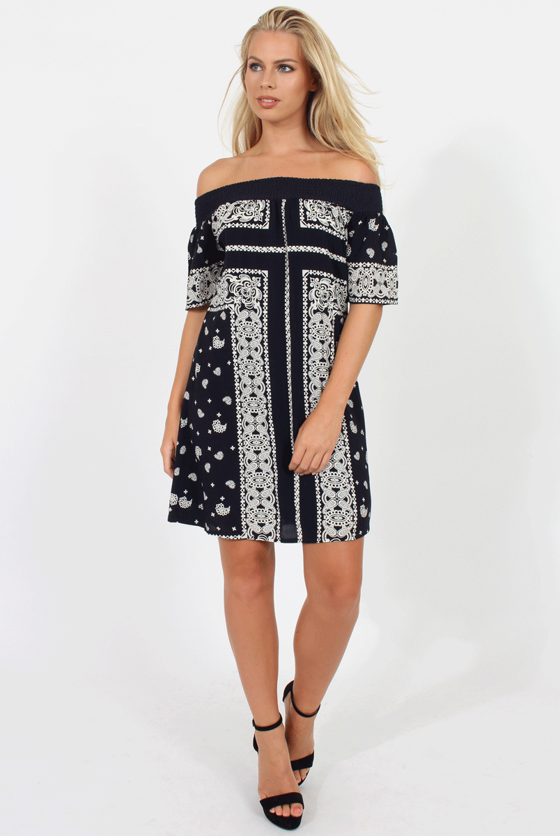 Blue Paisley Print Bardot Dress - Penny
