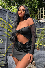 Black Mesh Sleeves Cut Out Front Slinky Mini Dress - Penny