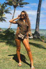 Khaki Zip Front Eyelet Belt Denim Playsuit - Elva