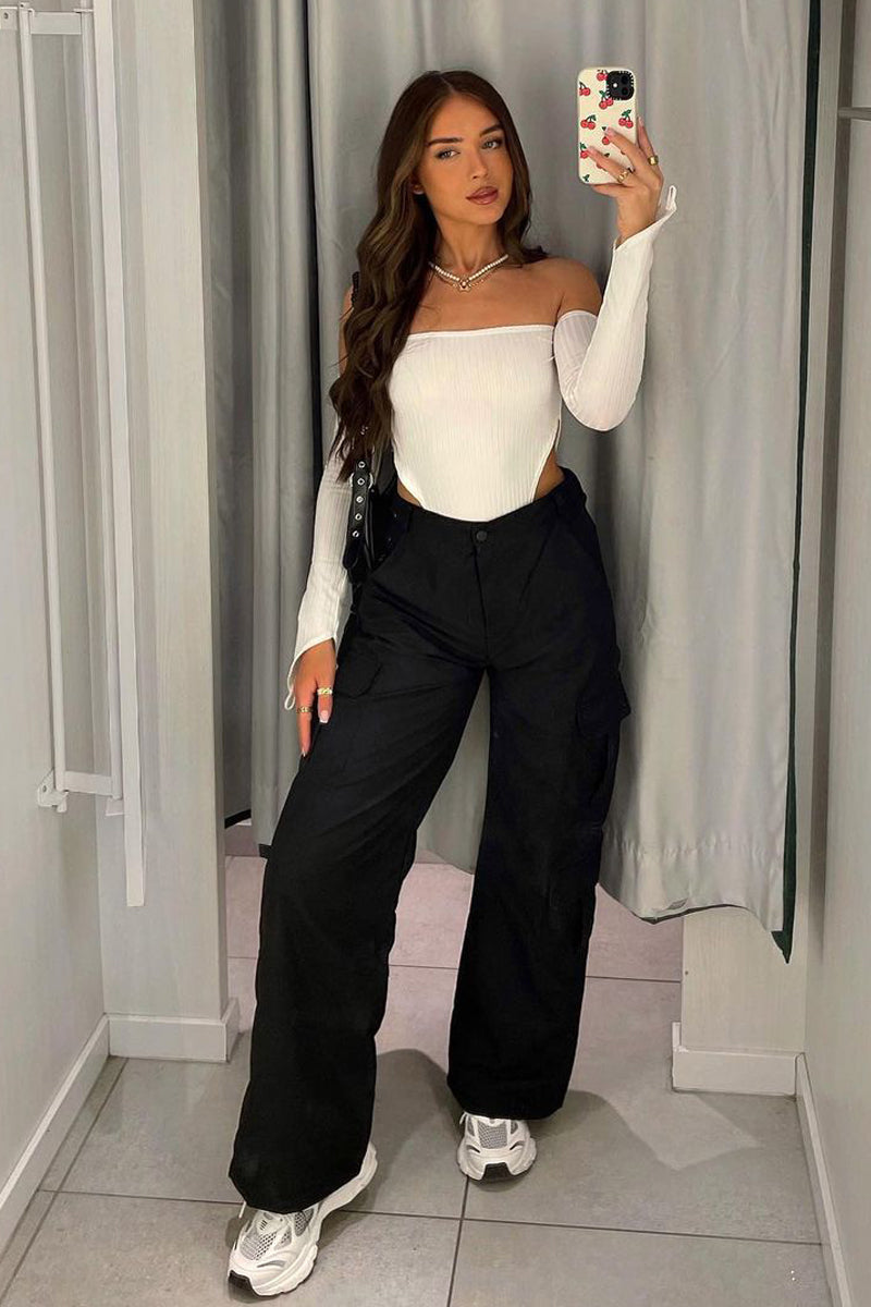 Black High Waist Pocket Cargo Trousers - Raine