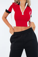 Red Contrast Knit Zip Up Crop Top - Brean