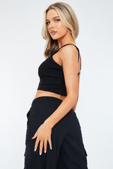 Black Rib Halter Neck Cut Out Crop Top - Cheryl