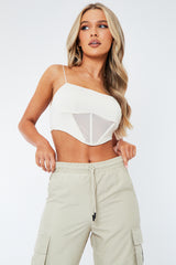 Stone Mesh Panel Corset Crop Top - Fern