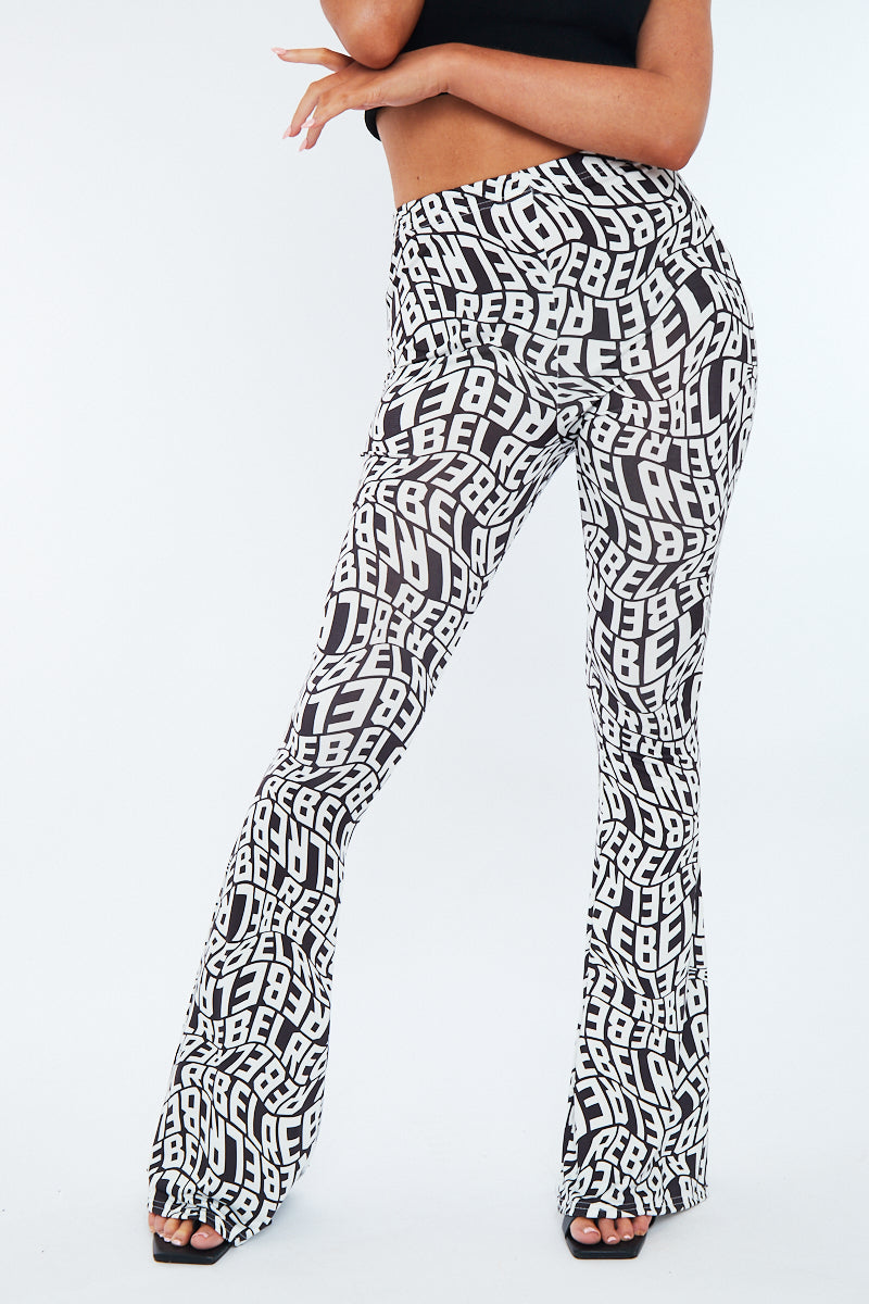 Black White Rebel Print Flare Trousers - Indy