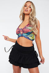 Multi Coloured Butterfly Lace Up Back Crop Top - Dacia