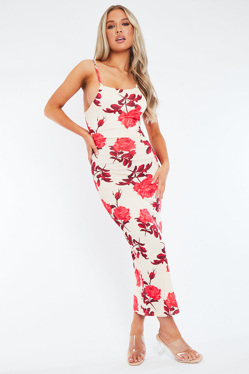 Red Floral Print Bodycon Maxi Dress - Sasha