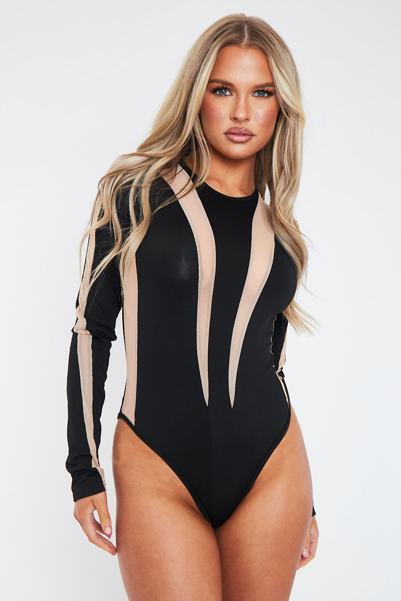Black Mesh Contour Bodysuit - Celina