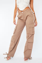 Mocha Tie Hem Denim Cargo Trousers - Hayden