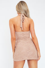 Mocha Textured Knitted Halter Neck Mini Dress - Carmo