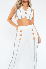 White Rib Contrast Seam Crop Top & Flare Trouser Set - Beena