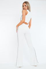 White Rib Contrast Seam Crop Top & Flare Trouser Set - Beena