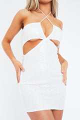 White Halter Neck Cut Out Sequin Mini Dress - Elisa