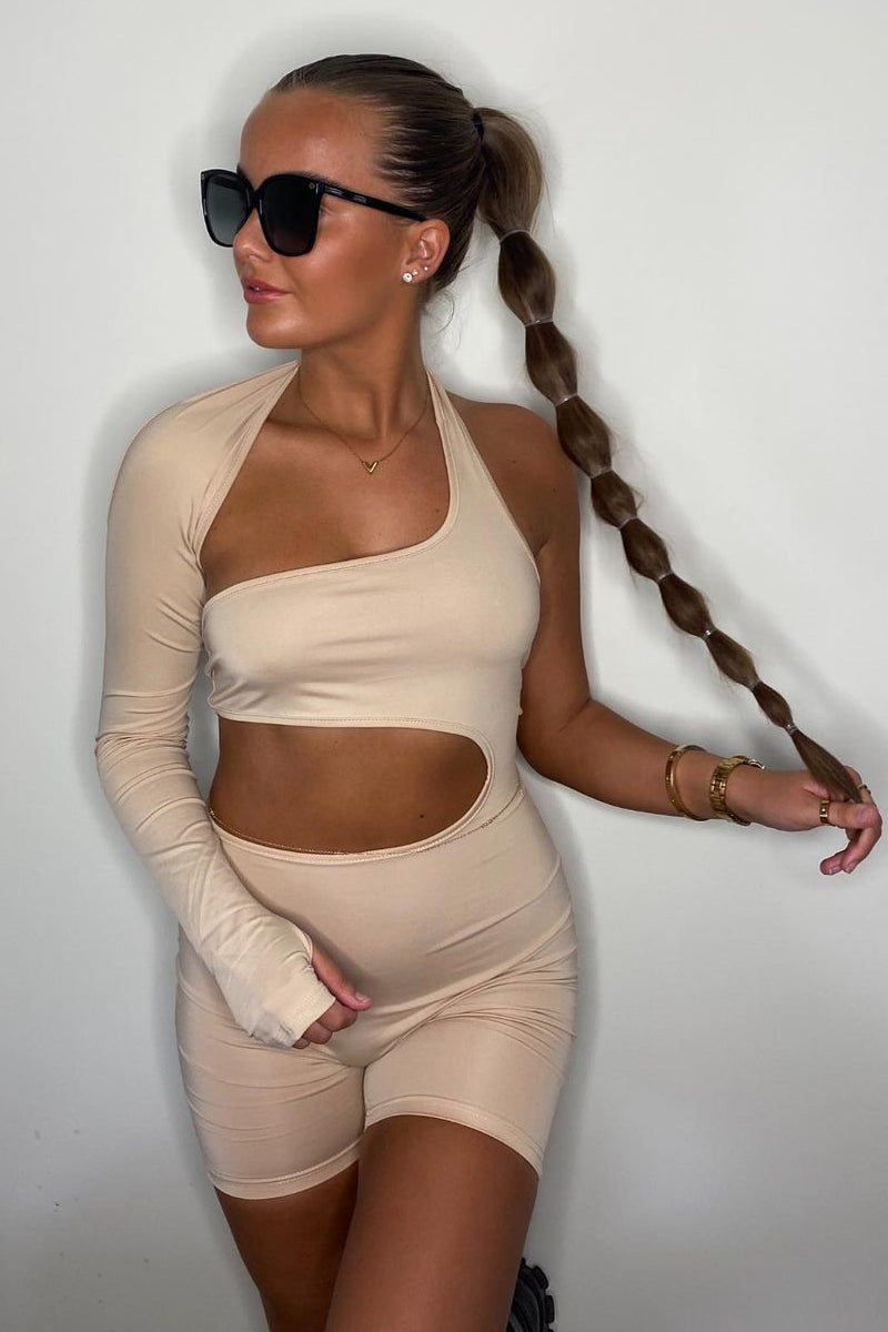 Beige Cut Out One Sleeve Playsuit - River