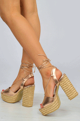 Rose Gold Lace Up Rope Detail Platform Heel - Dalyn