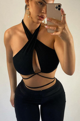 Black Ribbed Halter Neck Tie Detail Crop Top - Rubi