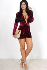 sarai Wine Velvet Plunge playsuit-Playsuits