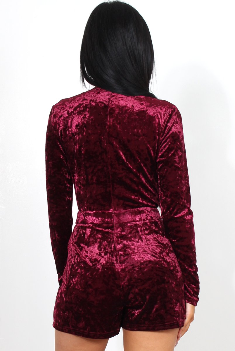 sarai Wine Velvet Plunge playsuit-Playsuits