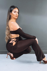 Chocolate Slinky Bardot Crop Top & Lace Up Trouser Set - Shay