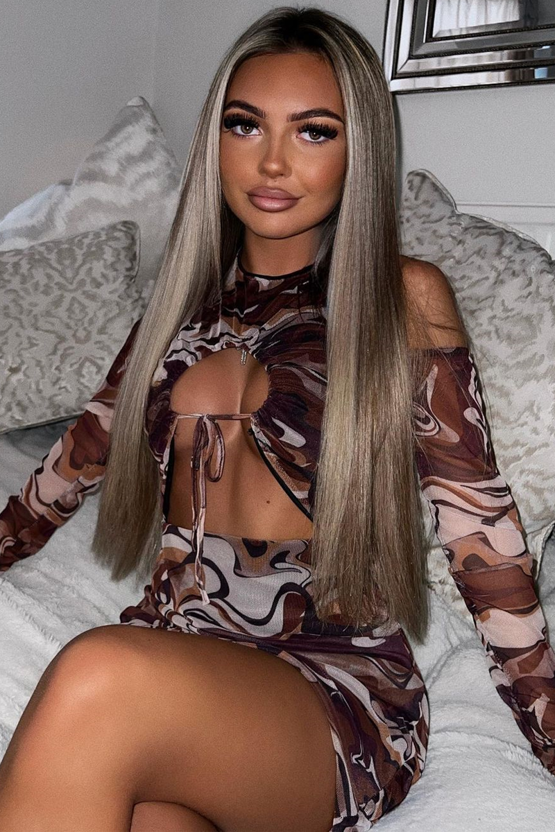 Brown Marble Print Cut Out Mesh Mini Dress - Sienne