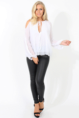 White Multi Pleat Cold Shoulder Blouse - Sonya
