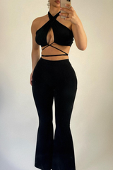 Black Slinky Bandeau Flared Trouser Co-ord - Isola – Rebellious Fashion