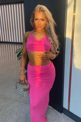 Pink Halter Neck Crop Top & Tie Waist Ruched Bum Maxi Skirt Set - Tilly