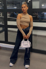 Camel Ribbed Cut Out Shoulders Crop Top - Tyra