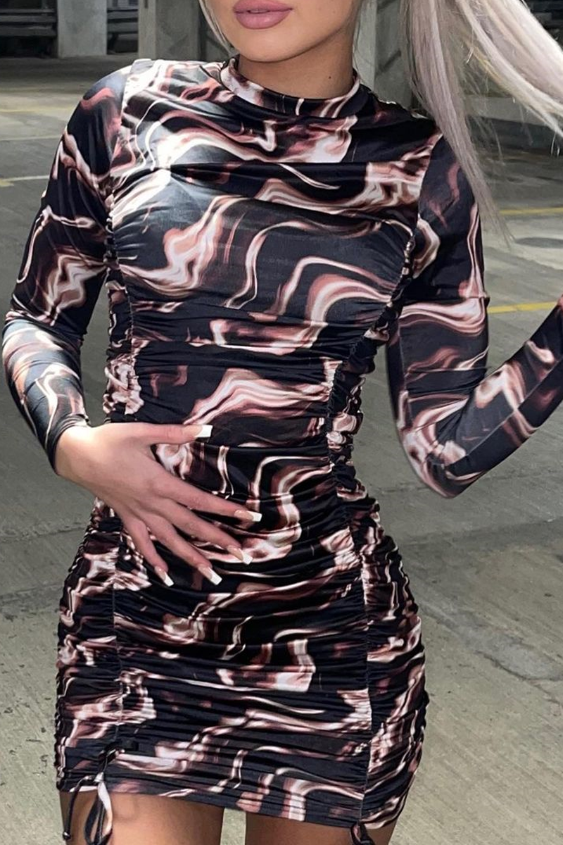 Brown Abstract Print Ruched Front Mini Dress - Vara