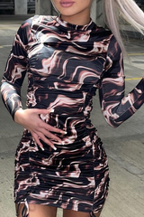 Brown Abstract Print Ruched Front Mini Dress - Vara