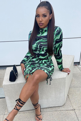 Green Abstract Print Ruched Front Mini Dress - Vara