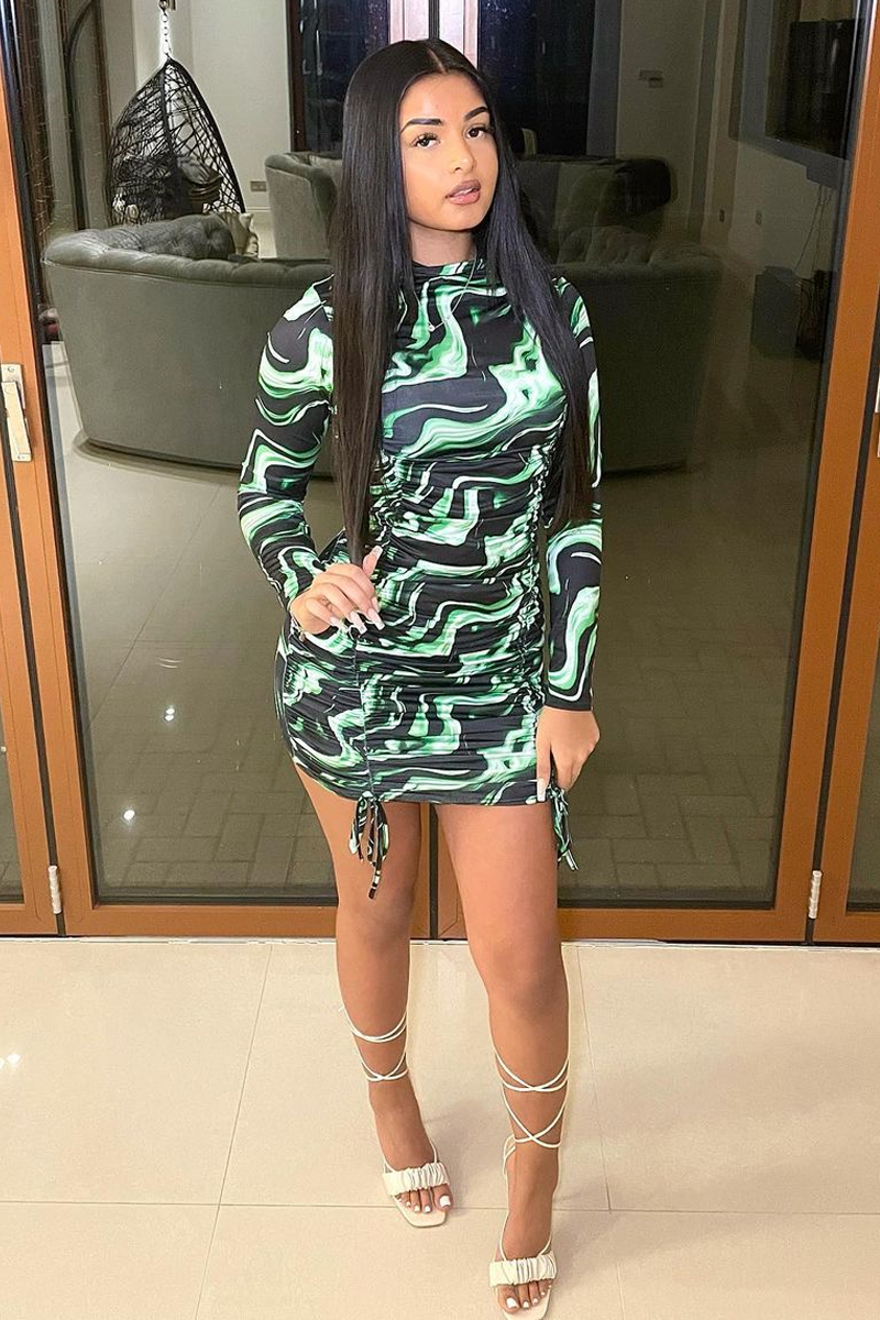 Green Abstract Print Ruched Front Mini Dress - Vara