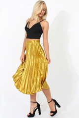 Mustard Metallic Pleated Midi Skirt - Vera