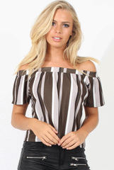 Khaki Striped Bardot Top - Victoria