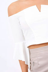 white Frill Sleeve Bardot Crop Top - Kali-Crop Tops