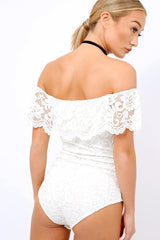 white Lace Bardot Bodysuit - Rae-Bodysuits