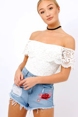 white Lace Bardot Bodysuit - Rae-Bodysuits